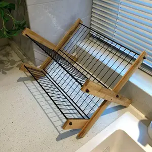 Foldable dish storage rack, bamboo draining rack, multi-functional kitchen shelf, multi-layer countertop organizer