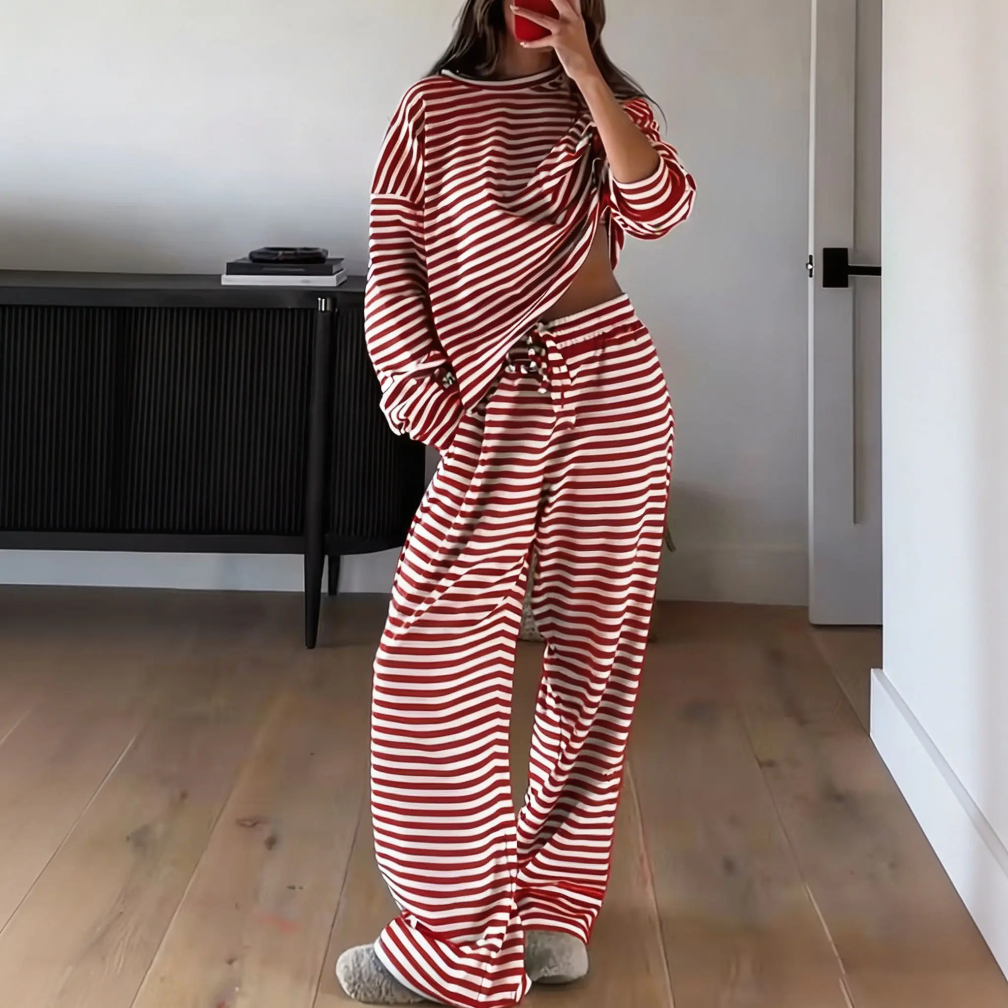 Women's 2-Piece Loungewear Pyjamas Set - Stylish Casual Striped Long Sleeve Top, Nightwear Pants, Suitable for Home Wear