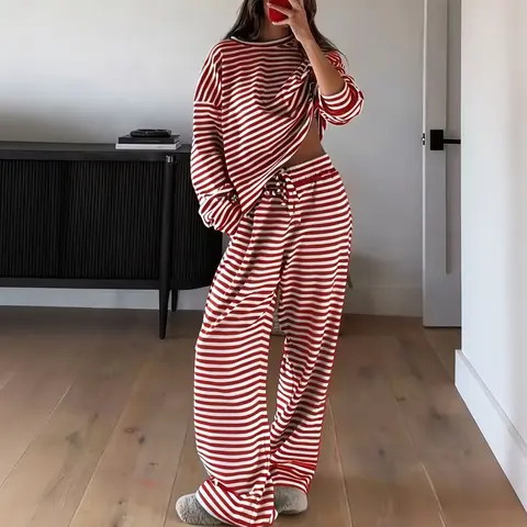 Women's 2-Piece Loungewear Sets - Stylish Casual Striped Long Sleeve Top, Nightwear Pants, Matching Pajamas for Home Wear, PJ Sets for Women
