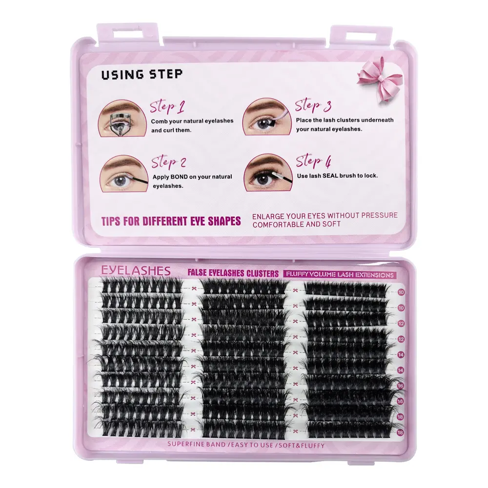 3 in 1 set 300 pcs Fluffy Lash Clusters Eyelash Extensions Kit with Tweezers Bond & Seal 8-16mm Light Volume Wispy Professional Makeup Lashes Easy DIY Non Irritating High Quality 3D Lash Bottom Supplies Set