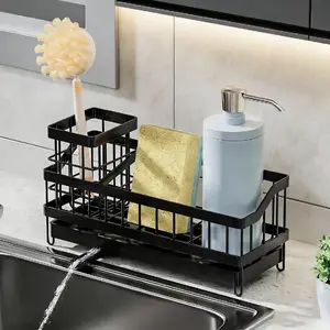 Kitchen Sink Drain Rack, Stainless Steel Sink Storage Rack with Soap Dispenser Tray, Kitchen Sink Organizer, Dish Brush HolderCounter Accessories, Dish Drying Organiser,Black
