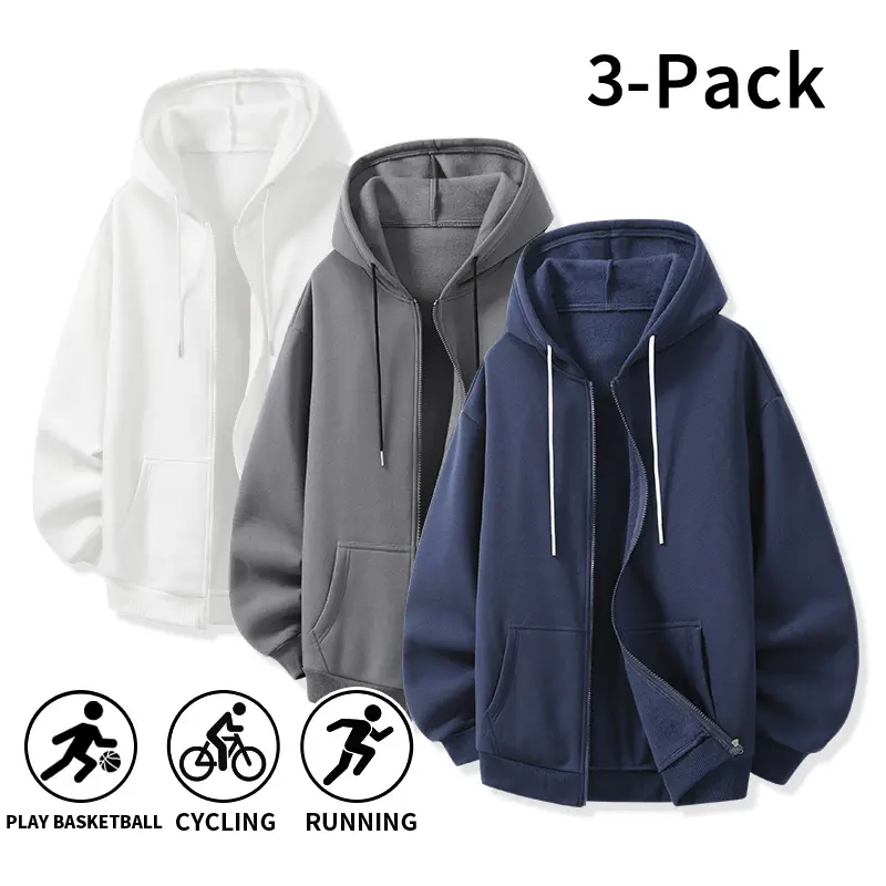 Men’s 3-Pack Full-Zip Hoodies - Soft Fleece, Long Sleeves, Drawstring Hood, Kangaroo Pockets, Loose Fit, Solid Zip Up Hoodie - Dark Gray, White, Navy Basic Athletic Tops for Workouts, Everyday Streetwear, Black + Dark Gray + White, Indoor Outdoor, Baggy
