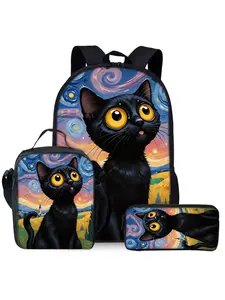 Starry Sky Little Black Cat Printed Backpack Three Piece Set Includes Lunch Bag and Pen Case