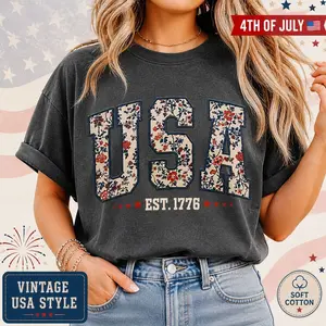 Vintage USA Floral T-Shirt Women, 4th of July Shirt, Patriotic Graphic Tee, Independence Day Outfit, Classic Fit Cotton Tee