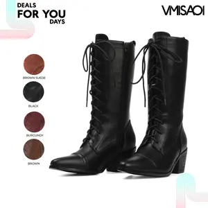 VIMISAOI Womens Mid Calf Boots Pointed Toe Block Heel Front Lace Up Side Zipper Victorian Granny Prairie Trendy Fashion Date Night Party Casual Brunch Festival Summer Comfortable Zip Up Shoes Deals For You Days