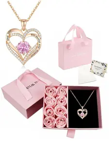 Heart-Shaped Birthstone Necklace & Rose Gift Box Set, Creative Birthday Gifts for Mom Daughter Girlfriend Wife Grandma, Birthday Gift Jewelry
