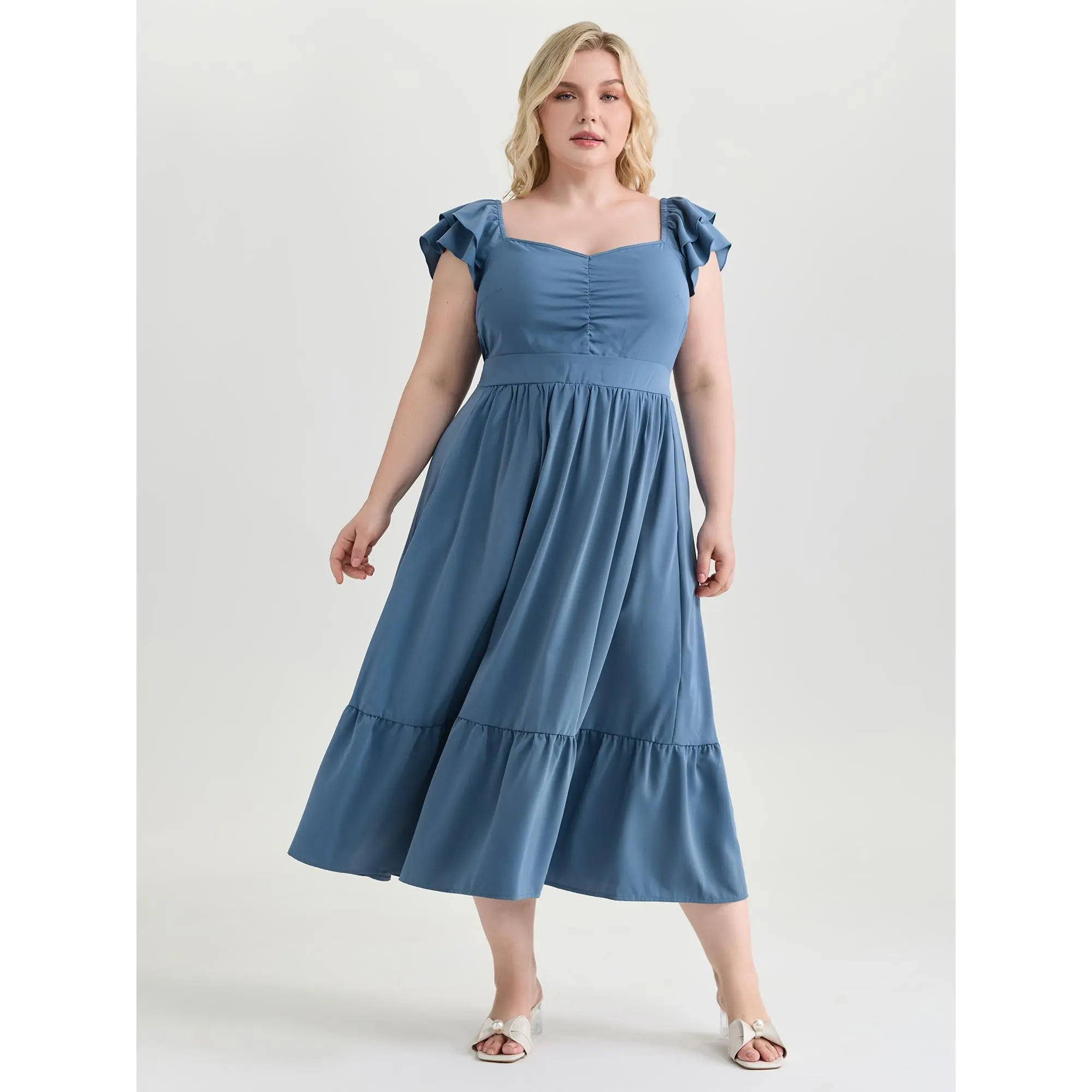 BloomChic Women's Plus Size Casual Midi Dress - Smocked Bodycon, Flutter Cap Sleeves, Square Neck, Polyester, Pockets, Smooth, Low Iron, Cold Wash, Fitted, Gathered, Shirred, Solid, Classic, Wash With Like Colors