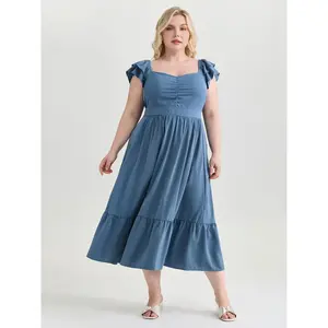 BLOOMCHIC Plus Size Ruched Shirred Back Layered Sleeve Midi Dress [M-6X]2026 Summer Vibes Swimweek