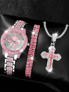 A 3-piece set of watches and accessories for women, including a round dial quartz pointer watch, bracelet, and pendant necklace, it is a jewelry gift box that matches perfectly, making it the perfect choice for Jewellery gift set