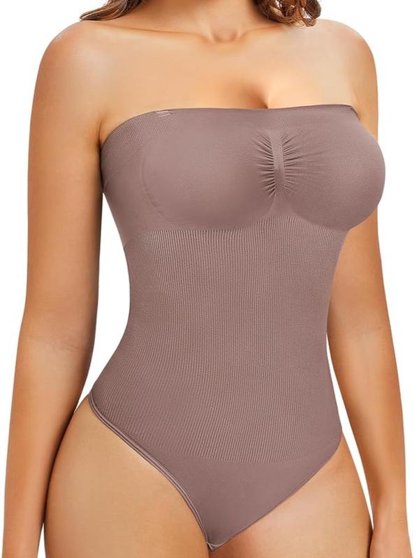 Nebility Strapless Women's Shapewear Thong Bodysuit - Tummy Control Slimming Body Shaper Umber Medium Adjustable Fit Lightweight Seamless Soft Nylon Spandex