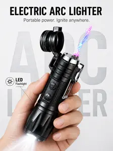 USB rechargeable flameless arc lighter with LED flashlight, portable dual-arc ignition tool, suitable for camping, hiking, candle making and outdoor activities.
