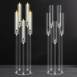 2Pcs 5 Arms Acrylic Candelabra Centerpieces for Tables Decortion,Clear Candle Holder for Wedding Dinner Fireplace Decoration,35 inches Tall Candlesticks Holder with Lampshade, Fits LED Candle