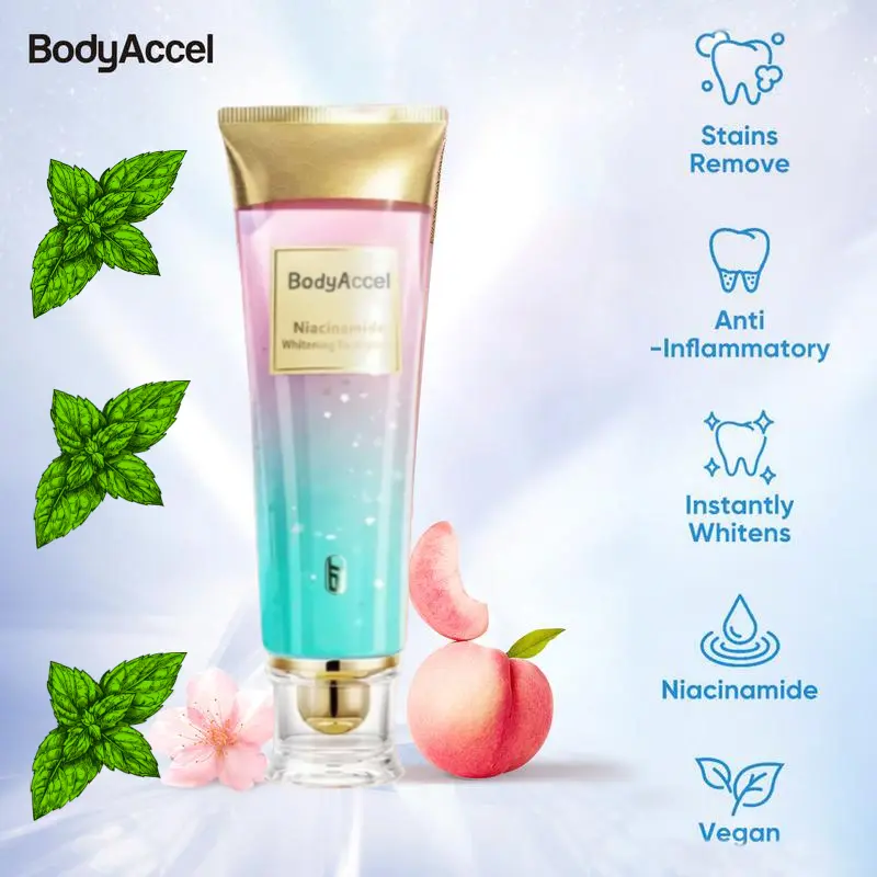 BodyAccel Whitening Toothpaste with Niacinamide, Minty Fresh Flavor, Cleansing Fluorine-Free Vegan Formula for Stain Removal & Daily Oral Care