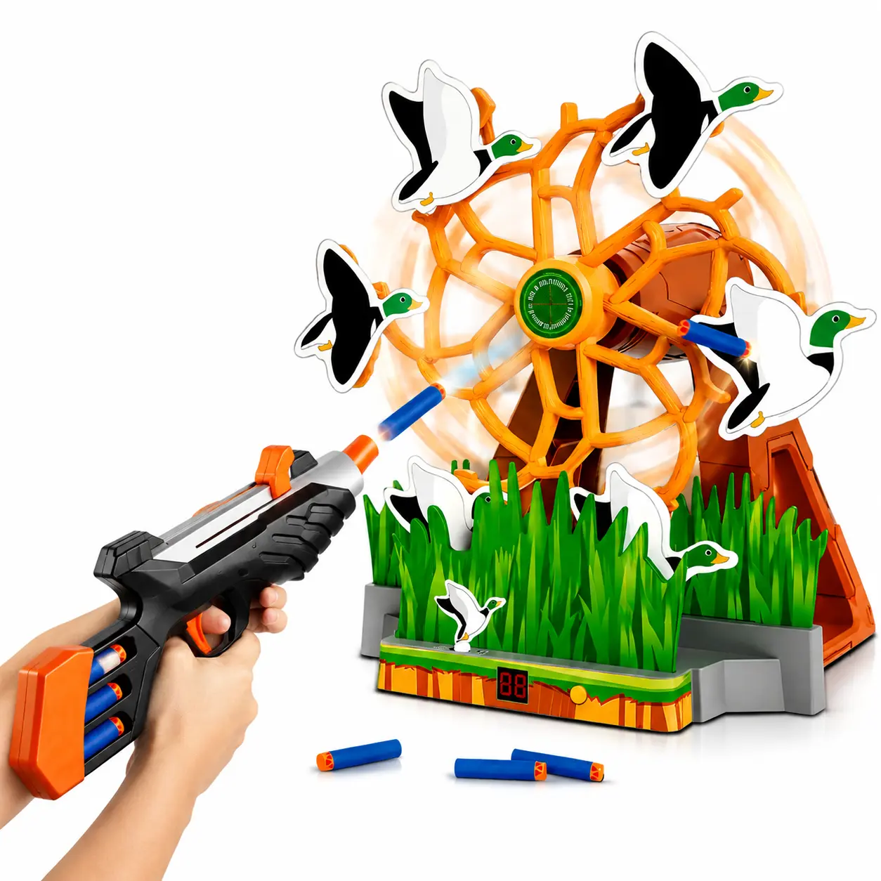 Dynamic Rotating Duck Target Wheel Shooting Game - 60s Countdown Challenge, 100% Safe EVA Foam Darts, Blaster Toy Accessory, Indoor Family Fun, Boy Gifts, Encourages Hand-Eye Coordination