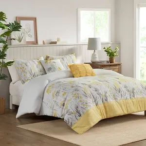 360 Stand 5-Piece Hypoallergenic Prairie Seersucker Weave Microfiber Comforter Bed Set - Full & Queen Size, 90x90x1.5in Yellow Floral Print Bedroom Bedding, Machine Washable Duvet, Throw Pillows, Farmhouse-Cottage Vibe, Bed Sets