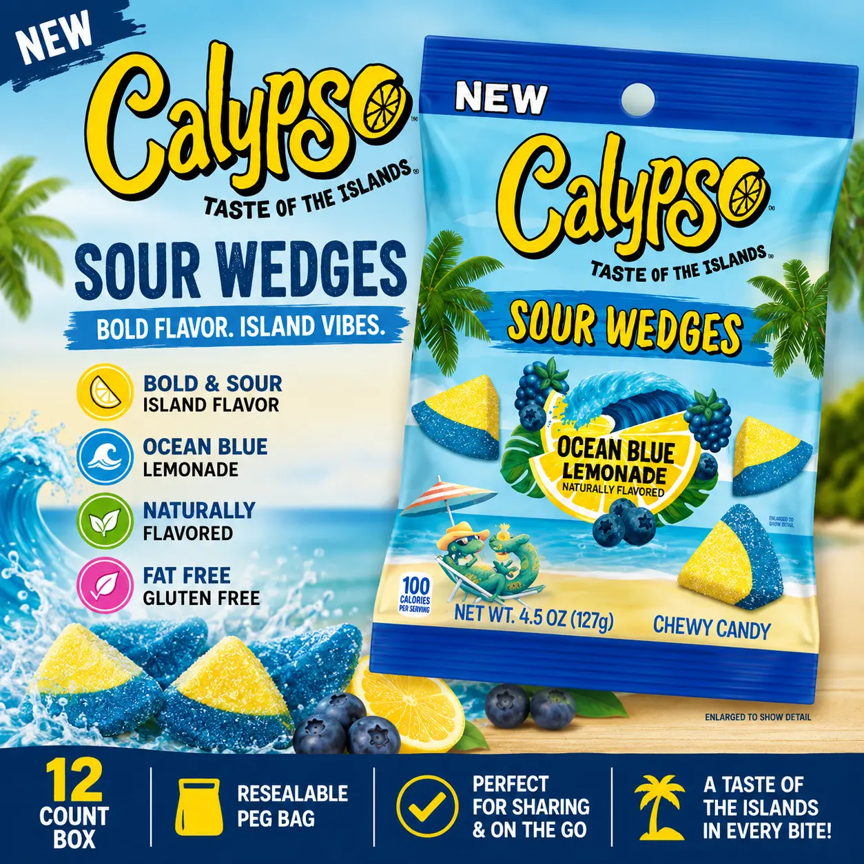 Calypso Sour Wedges Ocean Blue Lemonade Gummies 4.5 oz 12 Count Sour Gummy Candy Peg Bags