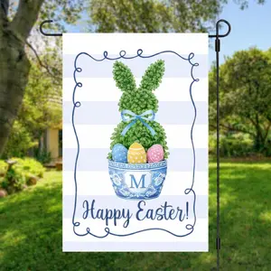 Personalized Happy Easter Garden Flag Custom Monogram Letter Easter Bunny Decor Blue White Chinoiserie Outdoor Yard House Banner