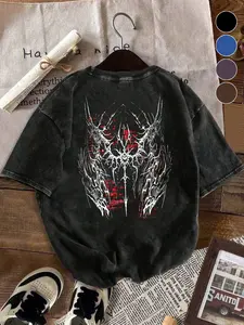 Men's Summer Casual Cotton T-Shirt, Streetwear Breathable High-Quality Pure Cotton, Vintage Washed Look, Death Metal Spider Web Print, Loose Fit