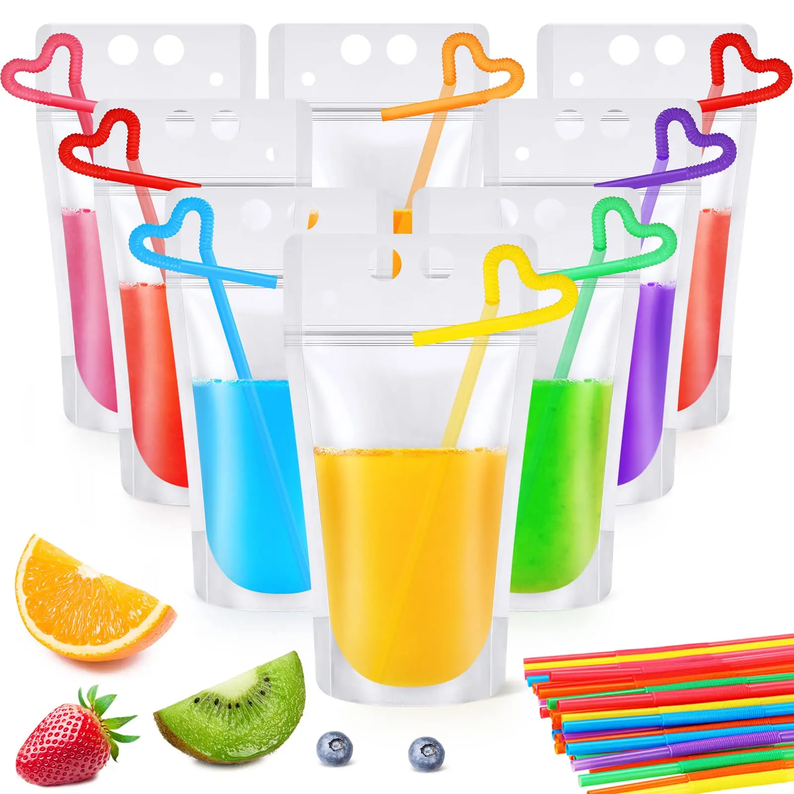 600 Pack Drink Pouches With Straws Plastic Juice Bags For Adults Disposable Drinking Stand Up Zipper Smoothie Coffee Tea Birthday Party(classic)