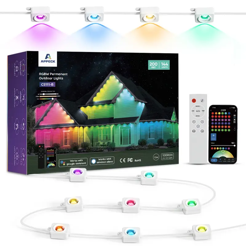 APPECK RGBW Permanent Outdoor Lights, IP 65 Waterproof Eave Lights, Christmas Decor Lights with 16 million Colors, 111 Scene Modes, Smart Control Via App, Alexa and Google Assistant