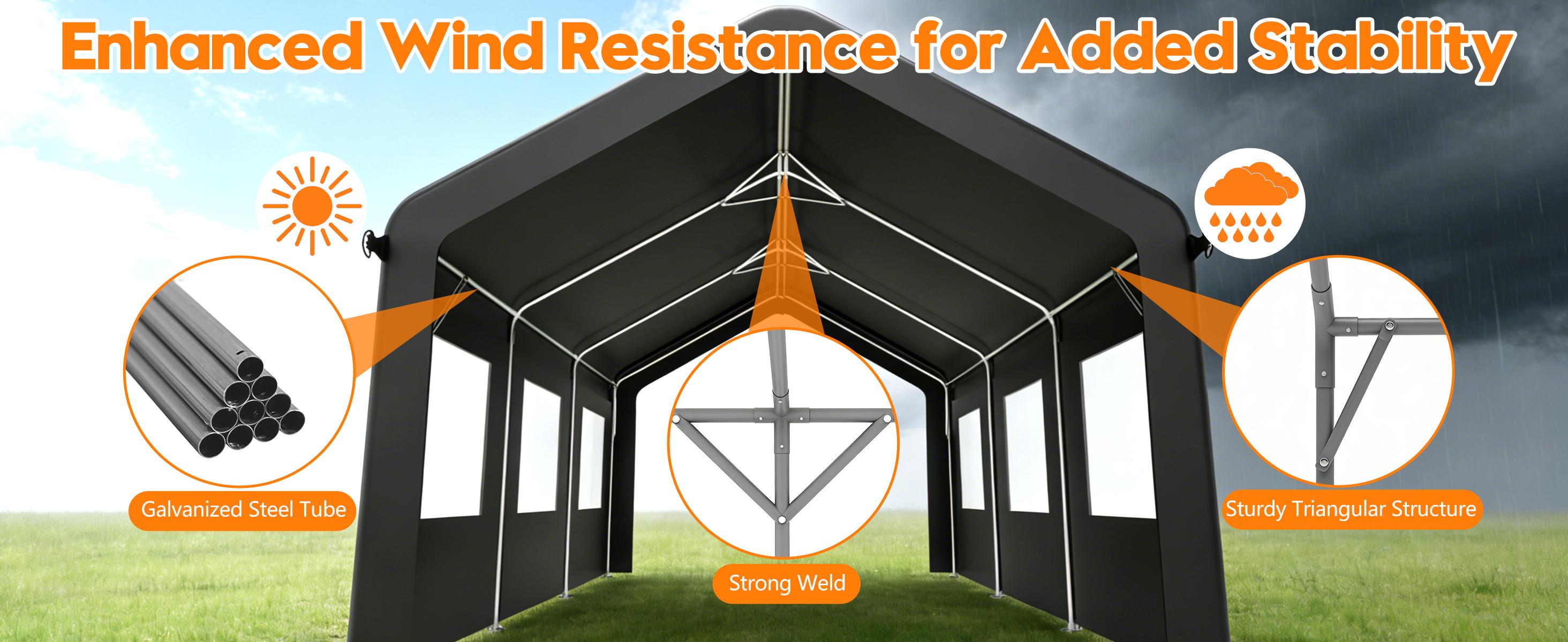 MNLR 12' x 20' Carport Canopy, Portable Garage with Side-Opening Door, Roll-Up Windows and 4-Hole Base, Black