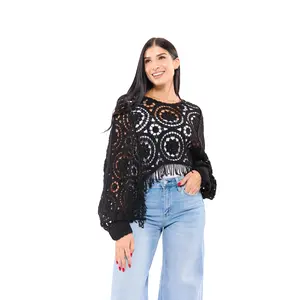 Women's Boho Long Sleeve Open Crochet Fringe Sweater Top – Available in Black & Oatmeal