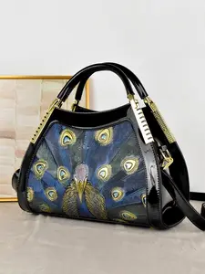 Peacock Pattern Vegan PU Handbags For Women, Unique Design and Handmade Top-Handle Handbags, High-End Women's Shoulder Bag, Stylish Handbag for Ladies, Refined Tote Purse, Crossbody Bag, Peacock Blue/Royal blue