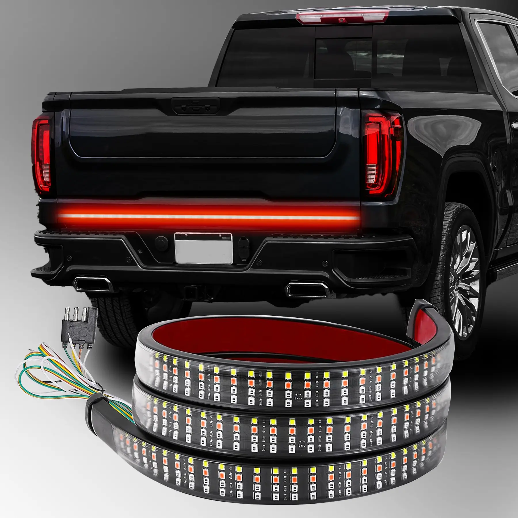 60 Inch Tailgate Light Bar Quadruple Row 576 LED Chips with Red Brake White Reversing Sequential Amber Turn Signals Light for Pickup Truck LED Tailgate Lights Lightbar