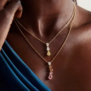 Color-Ombre Multi-String Ornamental Long Length Trendy Necklace, European-American Cross-Border Best-Selling Valentine's Day Gift for Girlfriend with Double-Layer Design & Gradient Colored Diamond Pendant, Color-Ombre Necklaces, Multi-String Necklaces