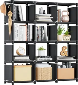Metal Book Shelf 12 Cube Storage Organizer - Black Cubicle Rack for Bedroom, Living Room, Office & Closet with Various Organized Spaces