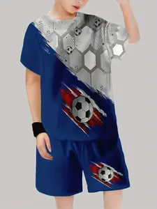 Boys' Football Two-Piece Set, Colorblock All-Over Print Tracksuit, Casual Fitted Short Sleeve Top & Bottoms, Outdoor Sports Wear