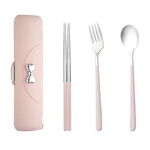 Convenient 304 stainless steel cutlery set, includes chopsticks, spoon, fork, and storage case, suitable for travel, commuting, and students, a must-have three-piece set for kitchen and dining table