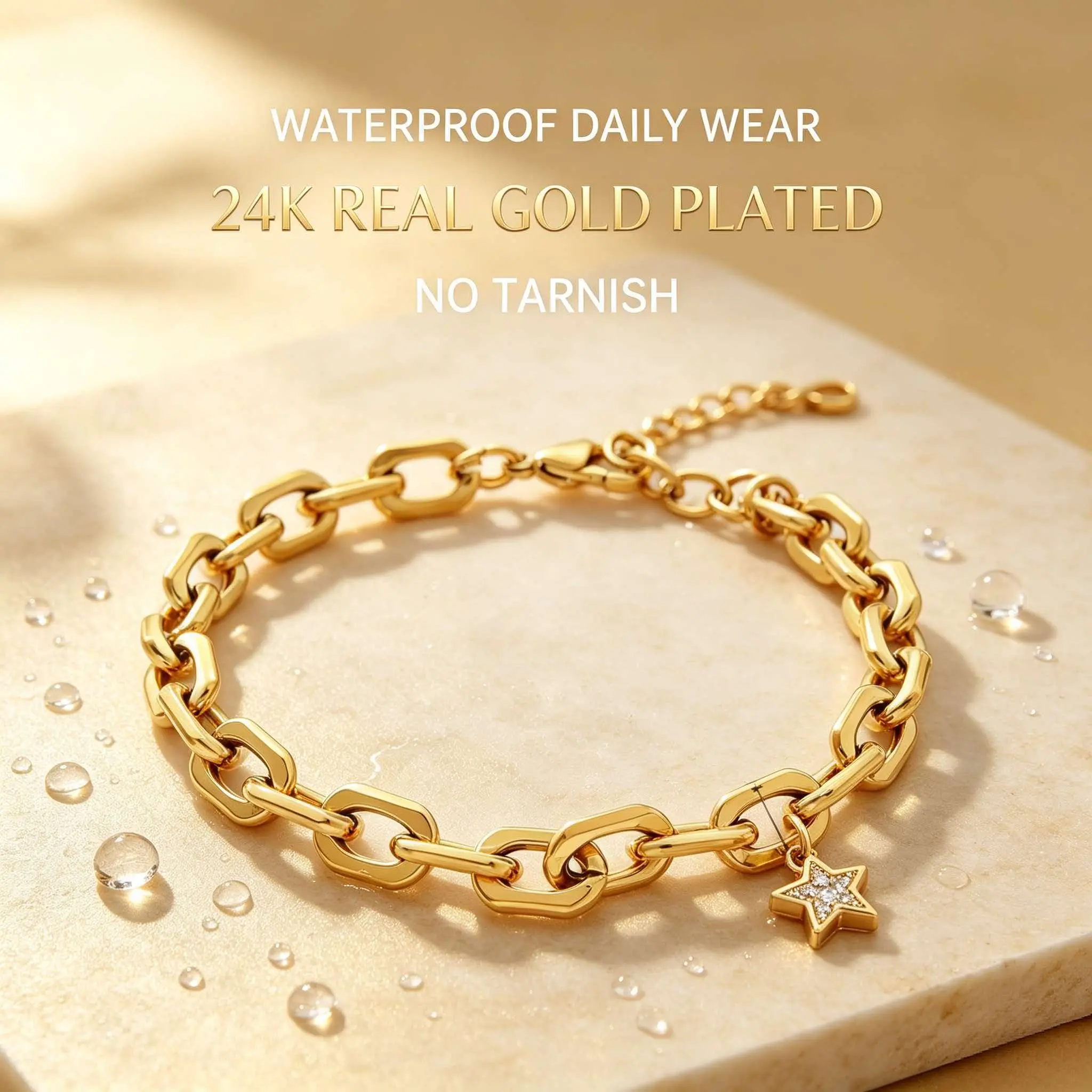Chunky 24K Gold Plated Link Bracelet with Sparkly Star Rhinestone Charm, Tarnish-Free Hypoallergenic Titanium Steel Unisex Stackable Arm Candy for Everyday Wear