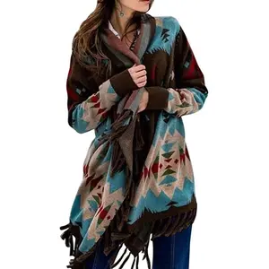 Womens Ethinc Boho Cardigan Coat Long Open Front Mid-Length Wool Coat Sweater Aztec Tribal Tassel Fringe Thin Coat