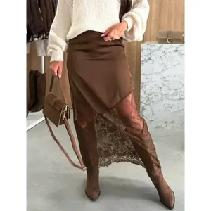 Elegant solid color woven lace patch zipper skirt, slim fit long skirt, suitable for daily wear, fashionable lace patch tight fittingRAIMENTRY