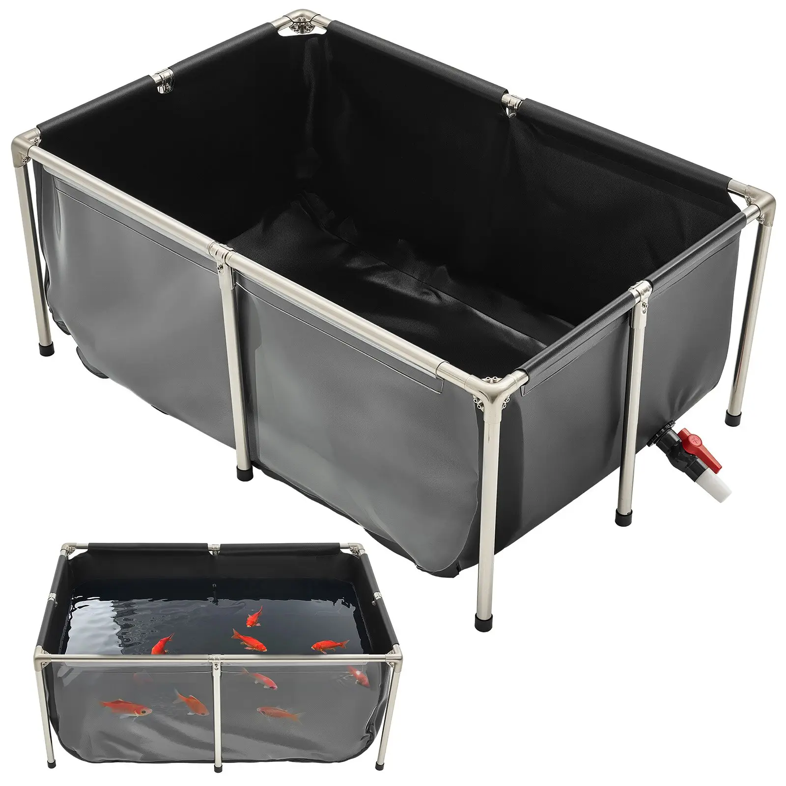 【DealsForYouDays】VEVOR Canvas Fish Pond, 126.8 Gal Above Ground Fish Pond, PVC Koi Tank with Clear Viewing Panel, Rectangular Goldfish Tank with Stainless Steel Frame & Drain Valve, for Breeding Koi, Irrigation(Black) Water Tank Wall Fish Tank