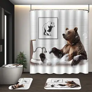 LVRLVR 4Pcs Funny Bathing Bear Bubble Print Cute Minimalist Multi-Color Bathroom Decor Shower Curtain Set 70.8×70.8 Inch