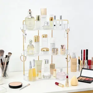 3-Tier Corner Bathroom Organizer Countertop with Hooks, Bathroom Sink Corner Vanity Storage for Makeup, Skincare and Perfume (White Gold),home essentials
