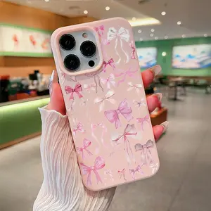 Liquid Floral Pattern Bowknot Decor Tpu Anti-Drop Case for iPhone 6-16 Pro Max, Perfect Gift for Women & Girls Birthday Christmas