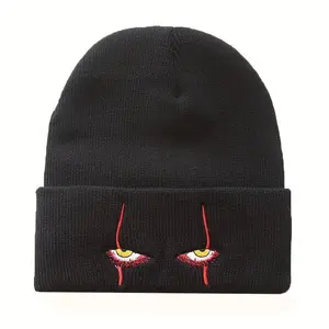 Unisex Horror Clown Eyes Beanie Hat – Soft Knitted Acrylic Winter Cap with Red Accents, Warm Coldproof Ski Headwear for Halloween, Cosplay & Outdoor Parties adjustable casual wear Knit Heart design wool western newsboy style summer sportive denim baseball