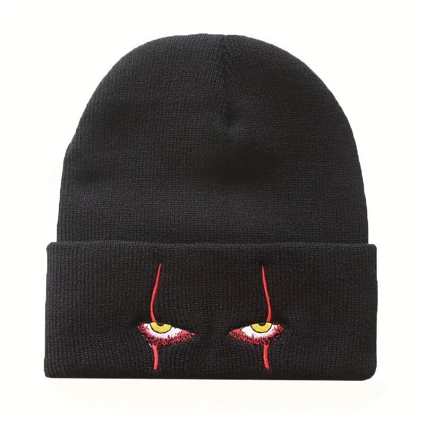 Horror Clown Eyes & Heart Knit Beanie, Soft Acrylic Winter Hat for Unisex Halloween Cosplay, Warm with an Adjustable Fit, Beanies