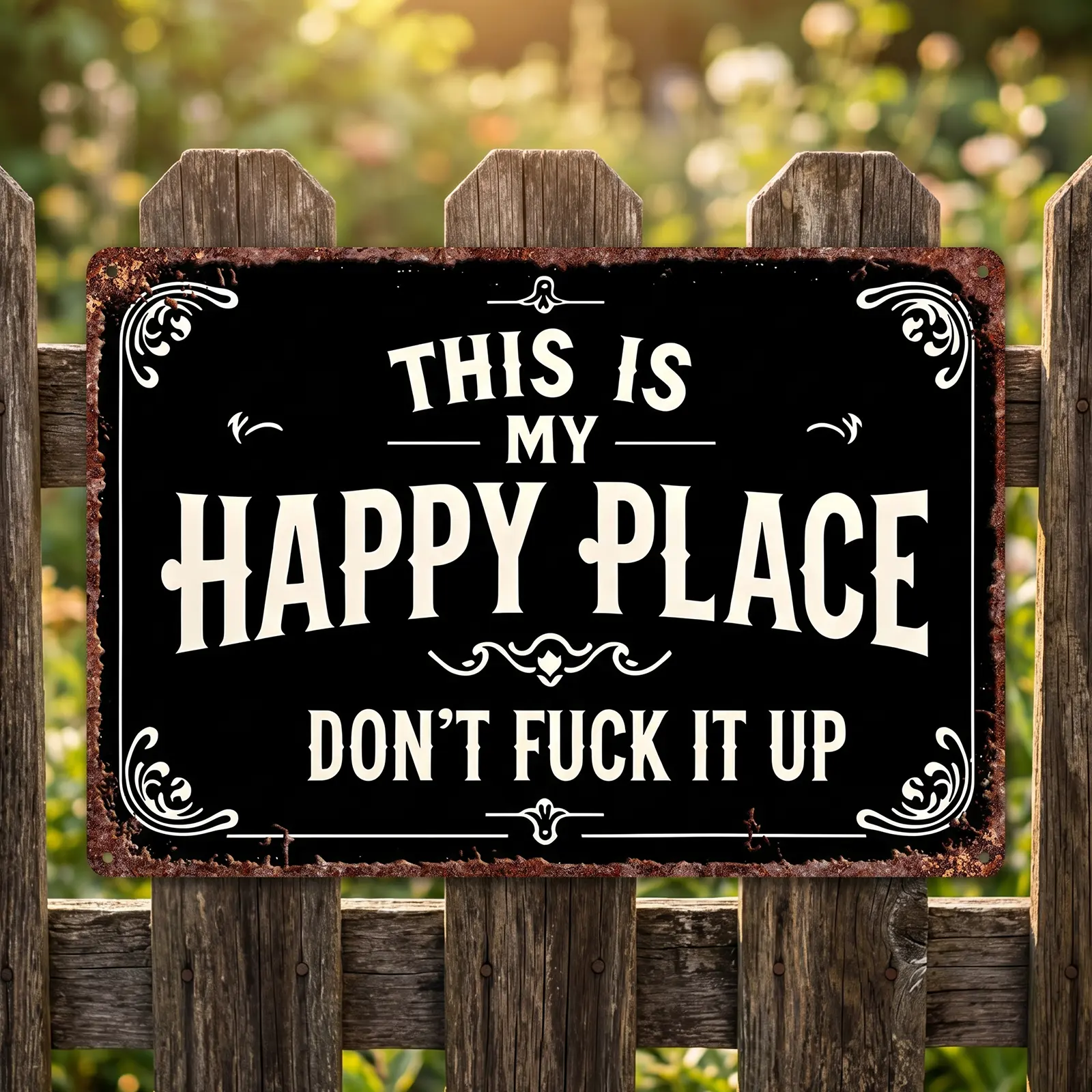 Happy Place – Vintage Statement Aluminum Tin Metal Signs, "This Is My Happy Place Don't F*ck It Up" Garden Wall Decor, Hanging Signs & Plaques, Funny Home Decorative for Front Door 8X12 Inches