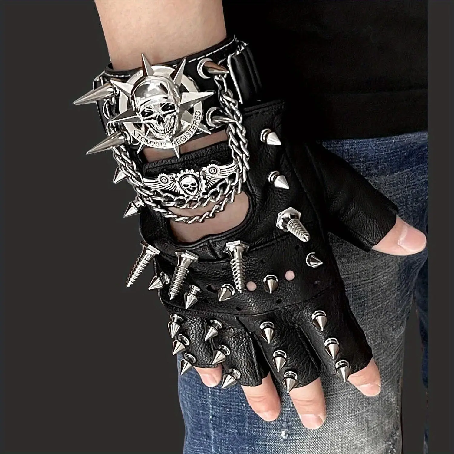 Men's Rivet leather gloves motorcycle Steampunk Fingerless Gloves with Bracelet