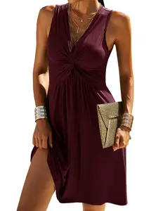 Imily Bela Women's V Neck Front Knotted Sleeveless Tank Dress Summer Solid Casual A Line Dress with Plain Pattern