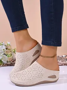 2026 Spring Summer New Hollow Out Floral Mule Shoes for Women, Wedge Soft Sole Breathable Slip-On Half Sandals, Casual Outdoor Footwear, Breathable Mules