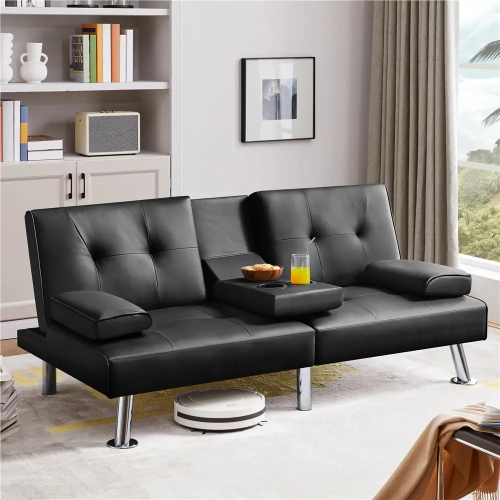 Costoffs 3-in-1 Faux Leather Loveseat Futon Sofa Bed - Padded Upholstered Couch, Metal Frame, 3 Recline Positions, Drop-Down Cup Holder, Quick Assembly, Indoor Furniture for Room