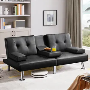 Costoffs 3-in-1 Faux Leather Loveseat Futon Sofa Bed - Padded Upholstered Couch, Metal Frame, 3 Recline Positions, Drop-Down Cup Holder, Quick Assembly, Indoor Furniture for Room