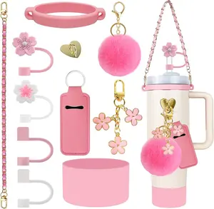 11 count Accessories for  Cup, Water Bottle Handle Strap for  30/40 oz tumbler with handle, including Straw Toppers,  Cup Boot,  Charms - PINK