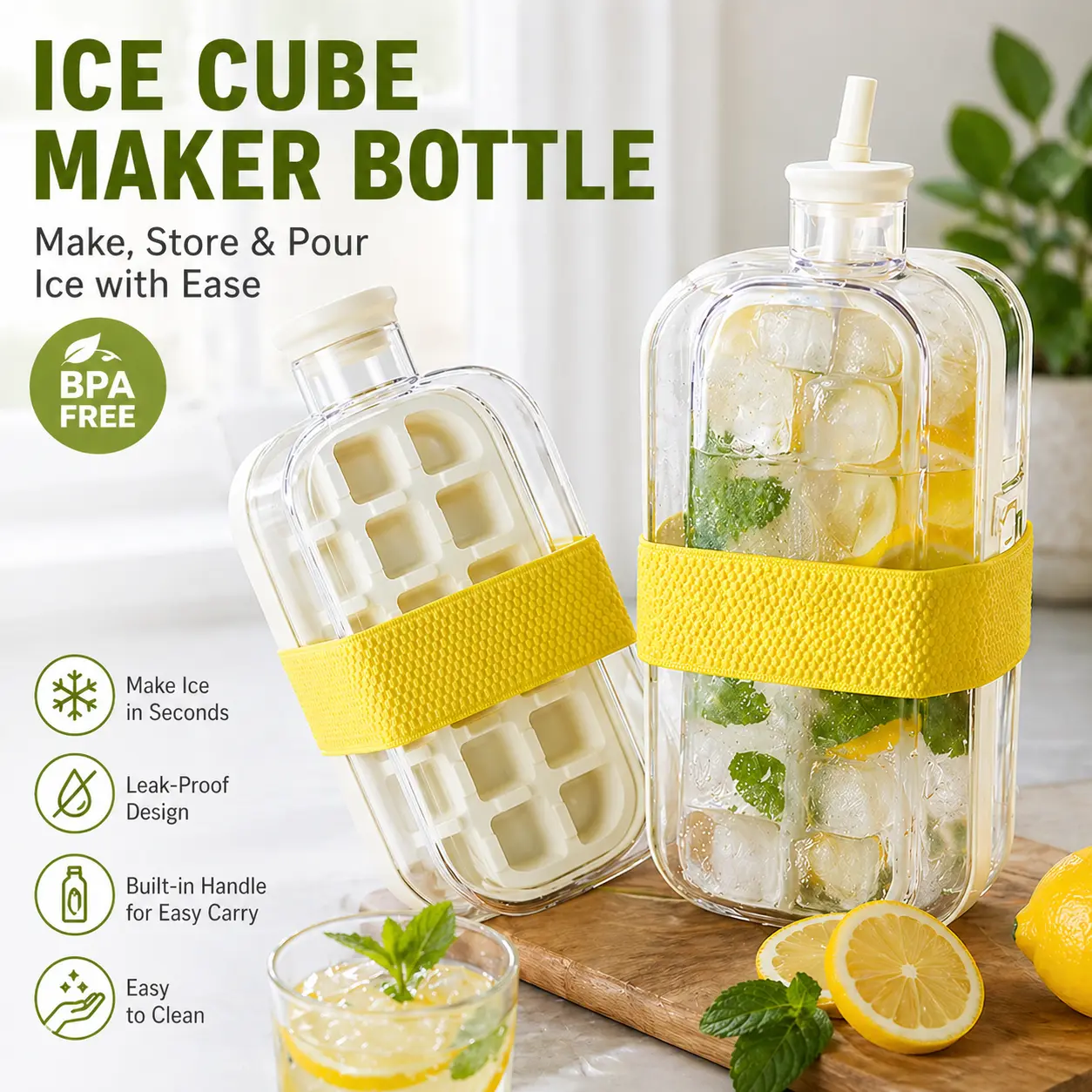 800ml Ice Cube Water Bottle – 2-in-1 Portable Ice Maker & Bottle, Leak-Proof, Aesthetic Design, with Ice Mold Press for Travel, Gym, Office Modern Kitchenware Detachable Outdoors
