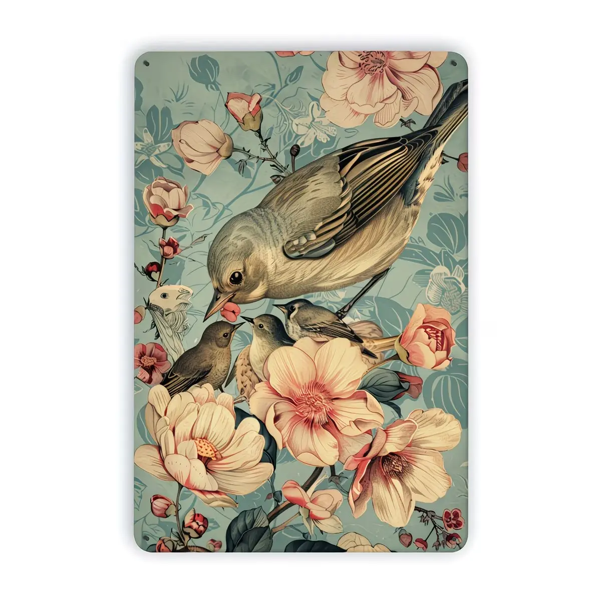 Vintage Iron Mother Bird & Chicks Flower Metal Tin Sign - Cozy Bird Motif Botanical Style Home Sign, Casual Rustic Shabby Chic Kitchen Wall Decor, Cottagecore Farmhouse Plaque